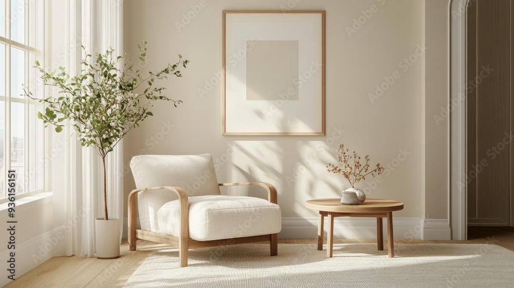 Fototapeta premium A bright, minimalist living room featuring a cozy wooden chair, small table with a plant, and warm natural sunlight...