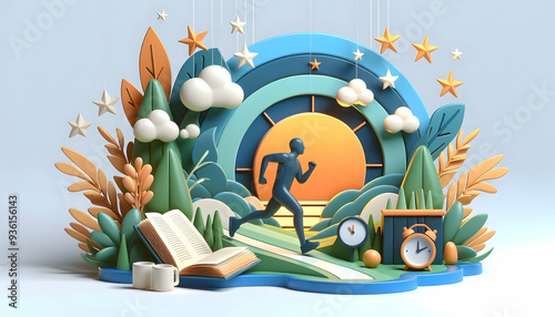 3D Flat Icon Illustration of Morning Jog and Evening Reading Concept with Whimsical Background   Symbolizing Balance of Physical Activity and Relaxation on White Background