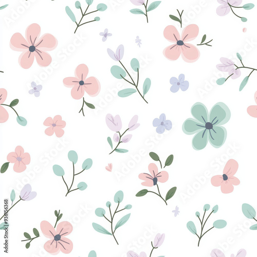 Seamless, Floral pattern, Hand-drawn flowers, Pastel colors, Minimalist design, Cute flowers, Soft colors, Simple drawing, White background, Negative space, Decorative design, Vector pattern