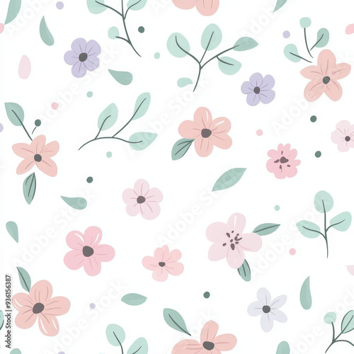 Seamless, Floral pattern, Hand-drawn flowers, Pastel colors, Minimalist design, Cute flowers, Soft colors, Simple drawing, White background, Negative space, Decorative design, Vector pattern