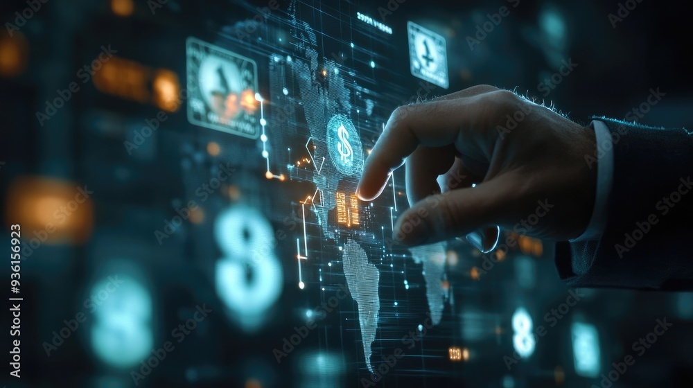 A hand holding digital symbols representing money in a virtual environment, emphasizing modern financial technology and digital currency... A hand holding digital symbols representing money in a virtual environment, emphasizing modern financial technology and digital currency...