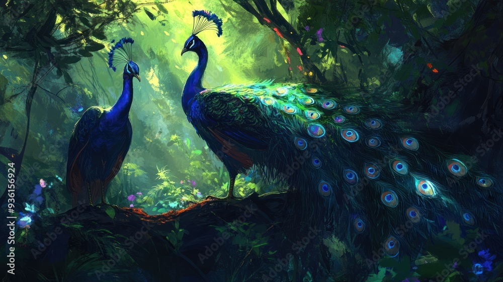 Fototapeta premium Peacocks in a Lush Forest