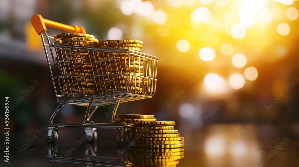 A shopping cart filled with coins, symbolizing investment, savings, and financial growth in a bright and sunny marketplace. A shopping cart filled with coins, symbolizing investment, savings, and financial growth in a bright and sunny marketplace.