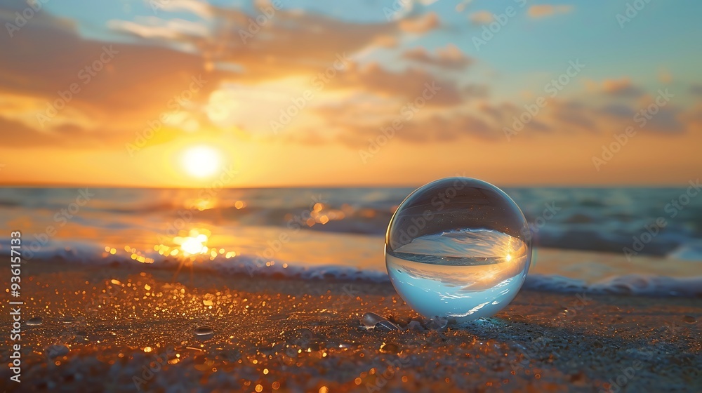 crystal glass ball sphere reveals sunrise seascape with spherical perspective on the beach crystal glass ball sphere reveals sunrise seascape with spherical perspective on the beach