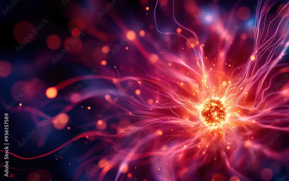 Fototapeta premium A vibrant illustration of an energetic particle surrounded by colorful light streams, creating a captivating abstract design.