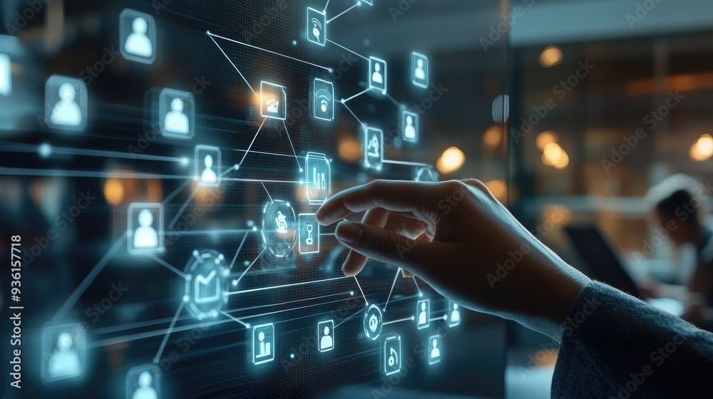 Close-up of a hand touching a digital screen displaying interconnected icons and data, symbolizing network communication and technology...
