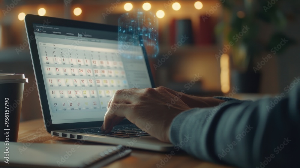 Hands typing on a laptop keyboard, with a digital interface displaying a virtual calendar hovering above, indicating online scheduling or data management... Hands typing on a laptop keyboard, with a digital interface displaying a virtual calendar hovering above, indicating online scheduling or data management...