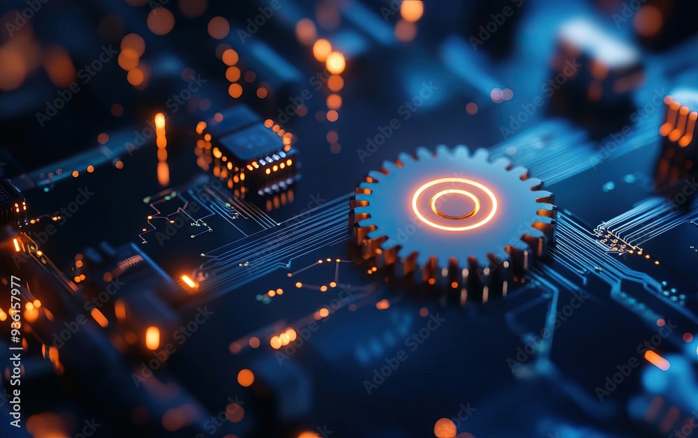 A close-up of a futuristic gear on a circuit board, showcasing vibrant orange lights and intricate electronic details. A close-up of a futuristic gear on a circuit board, showcasing vibrant orange lights and intricate electronic details.