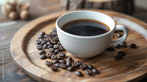 Cup coffee roasted coffee beans on wooden plate