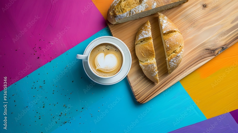 cup of coffee and bread on wooden table isolated on colorful background cup of coffee and bread on wooden table isolated on colorful background