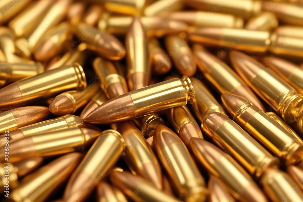 Close-up of shiny gold bullet casings arranged in a random pile, showcasing their metallic finish and precision engineering. Close-up of shiny gold bullet casings arranged in a random pile, showcasing their metallic finish and precision engineering.