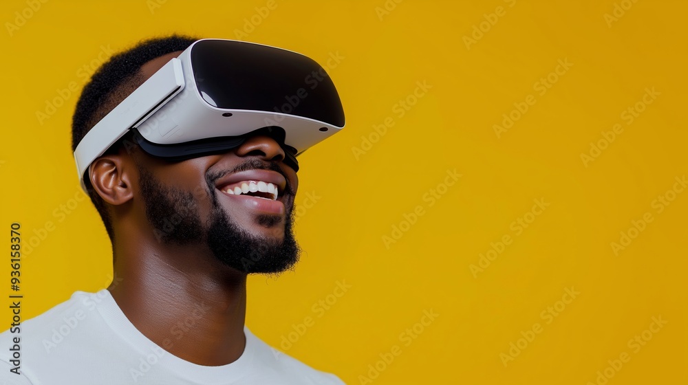 A man wearing a virtual reality headset is smiling. Concept of excitement and enjoyment as the man experiences the virtual world A man wearing a virtual reality headset is smiling. Concept of excitement and enjoyment as the man experiences the virtual world