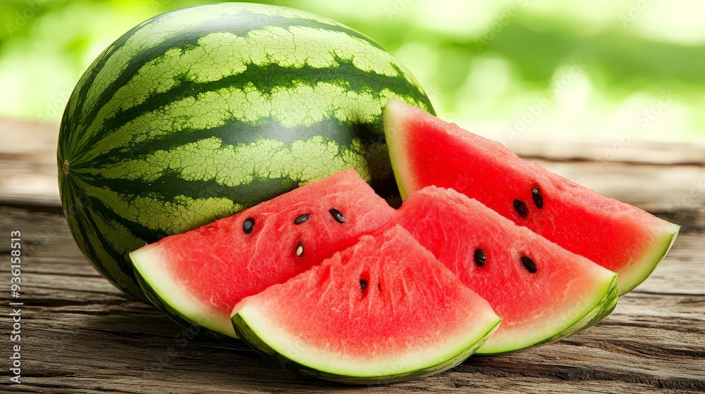 Watermelon Slices on Wooden Table Watermelon Slices on Wooden Table