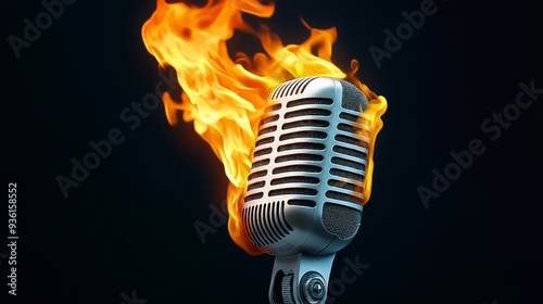 A microphone with a flame on it. The image has a mood of danger and excitement