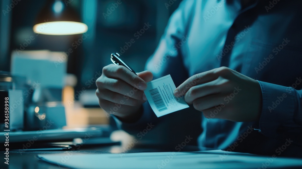 A businessperson carefully holds and reads a business card, focusing on the details, highlighting professional networking and communication.. A businessperson carefully holds and reads a business card, focusing on the details, highlighting professional networking and communication..