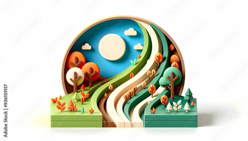 3D Flat Icon: Spring and Autumn Hillside Concept with Half Tone Landscape for Growth and Transformation 3D Flat Icon: Spring and Autumn Hillside Concept with Half Tone Landscape for Growth and Transformation