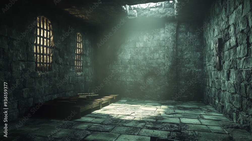 Fototapeta premium Underground old medieval dungeon jail cells, fantasy aventure tabletop. 