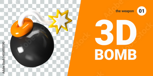 3D cannon ball with burning cord. Black round bomb is ready to explode