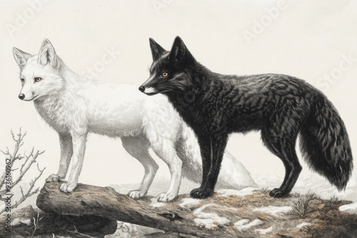 Vintage Etching of White Fox and Silver Fox in Arctic Region: Camouflage and Melanistic Variation of Wild Mammals photo