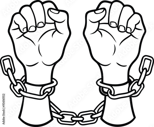 A pair of hands chained freedom line art  illustration black and white