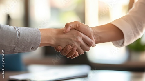 Close-up image of two people shaking hands in an office, symbolizing business partnership, agreement, or successful negotiation..