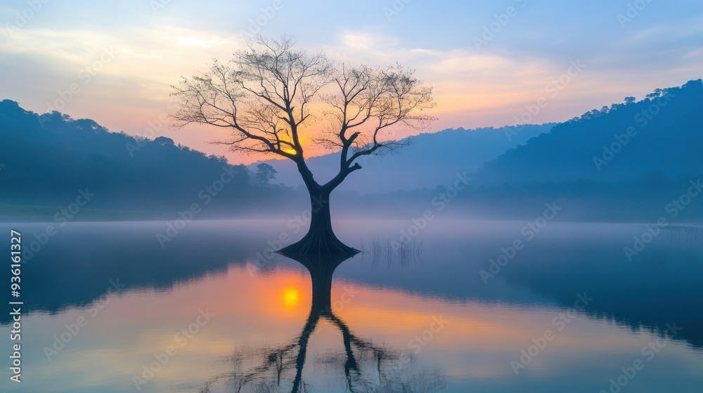 Solitary Tree Reflection on Calm Lake at Dawn Solitary Tree Reflection on Calm Lake at Dawn