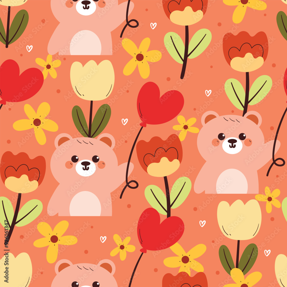 Fototapeta premium seamless pattern cartoon bear with floral. cute wallpaper for fabric print, gift wrap paper