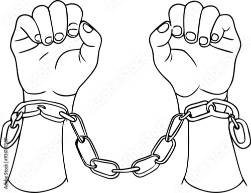 A pair of hands chained freedom line art  illustration black and white