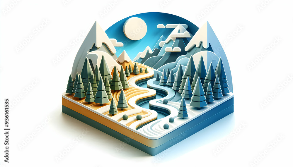 3D Flat Icon: Summer and Winter Valley Landscape Concept with Half Tone Effect for Ample Space for Text or Graphics on Isolated White Background 3D Flat Icon: Summer and Winter Valley Landscape Concept with Half Tone Effect for Ample Space for Text or Graphics on Isolated White Background