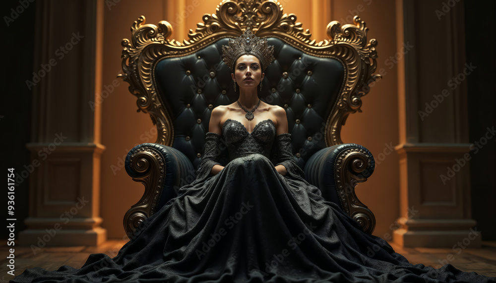 Queen on Gold Throne with Dragon-Serpent Design with dark theme Queen on Gold Throne with Dragon-Serpent Design with dark theme