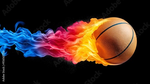 A basketball is shown in a fiery trail, with the ball itself being the only solid object. Concept of motion and energy, as if the basketball is in flight. The colors of the fire photo