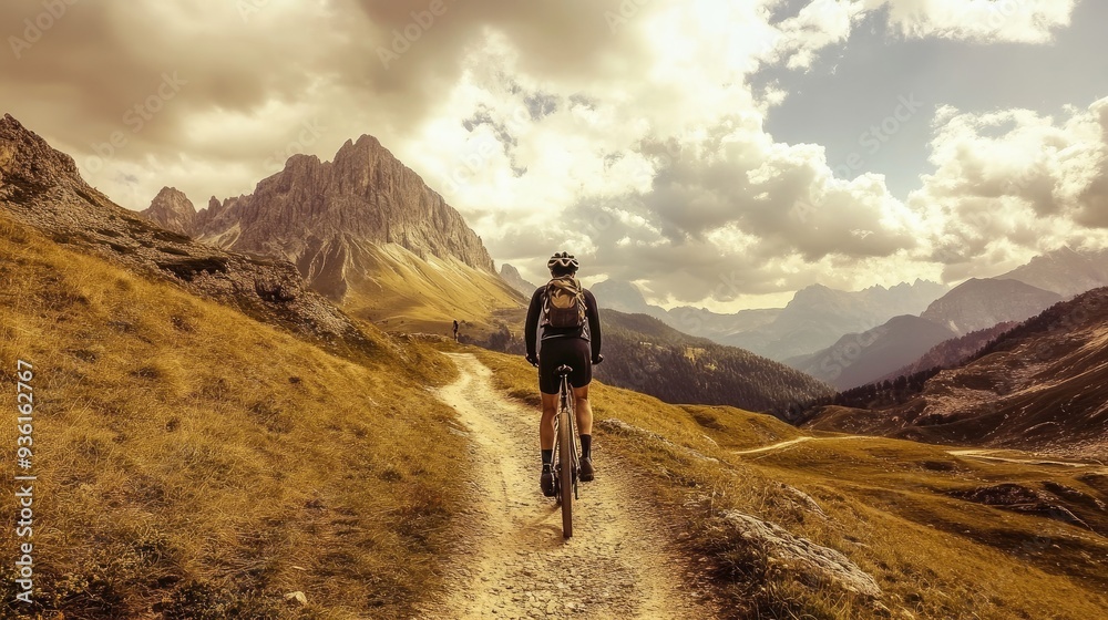 A cyclist navigates a rugged mountain trail surrounded by stunning alpine scenery, showcasing the thrill of outdoor adventure and nature exploration.. A cyclist navigates a rugged mountain trail surrounded by stunning alpine scenery, showcasing the thrill of outdoor adventure and nature exploration..
