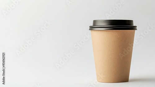 A brown paper coffee cup with a black lid on a white background.