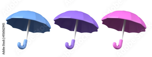 Collection of 3D umbrellas of different colors. Set of templates for protection concepts
