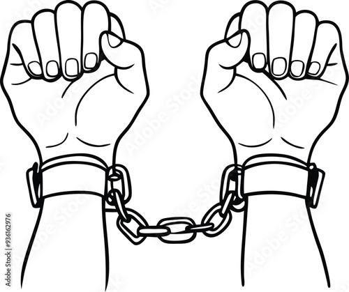 A pair of hands chained freedom line art  illustration black and white