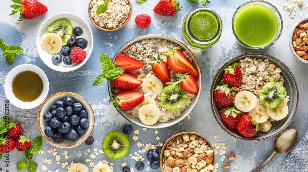 A colorful display of fresh fruits, smoothie, and nutritious breakfast bowls featuring strawberries, blueberries, kiwi, and oats, showcasing healthy eating and vibrant nutrition.. A colorful display of fresh fruits, smoothie, and nutritious breakfast bowls featuring strawberries, blueberries, kiwi, and oats, showcasing healthy eating and vibrant nutrition..