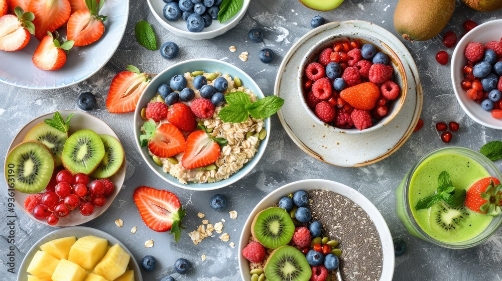A colorful display of fresh fruits, smoothie, and nutritious breakfast bowls featuring strawberries, blueberries, kiwi, and oats, showcasing healthy eating and vibrant nutrition..