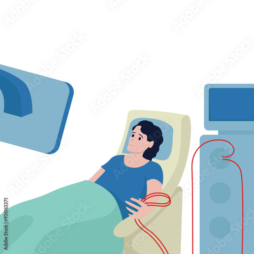 Hemodialysis, artificial blood purification. A woman in a hospital room in front of a monitor, connected to a hemodialysis machine. Medical flat illustration