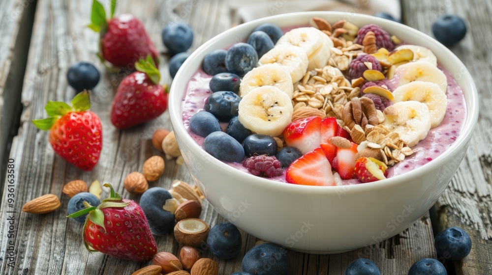A colorful display of fresh fruits, smoothie, and nutritious breakfast bowls featuring strawberries, blueberries, kiwi, and oats, showcasing healthy eating and vibrant nutrition.. A colorful display of fresh fruits, smoothie, and nutritious breakfast bowls featuring strawberries, blueberries, kiwi, and oats, showcasing healthy eating and vibrant nutrition..