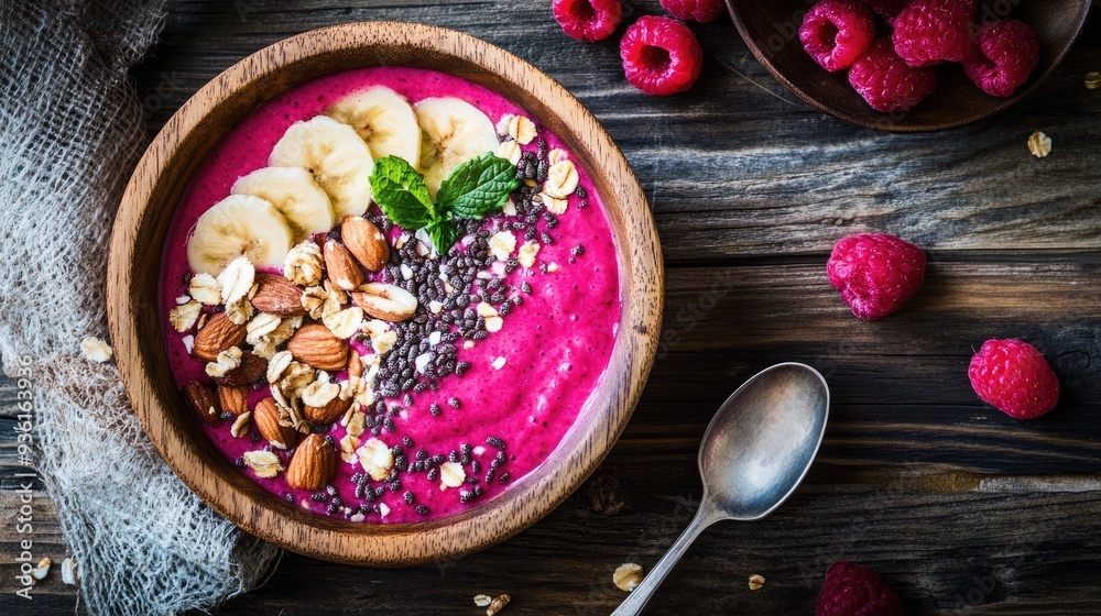 A colorful display of fresh fruits, smoothie, and nutritious breakfast bowls featuring strawberries, blueberries, kiwi, and oats, showcasing healthy eating and vibrant nutrition..