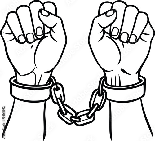 A pair of hands chained freedom line art  illustration black and white