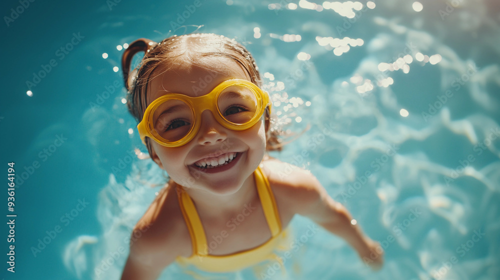 Naklejka premium A happy little girl looks at the camera wearing swim goggles and a yellow swim suit in a blue swimming pool