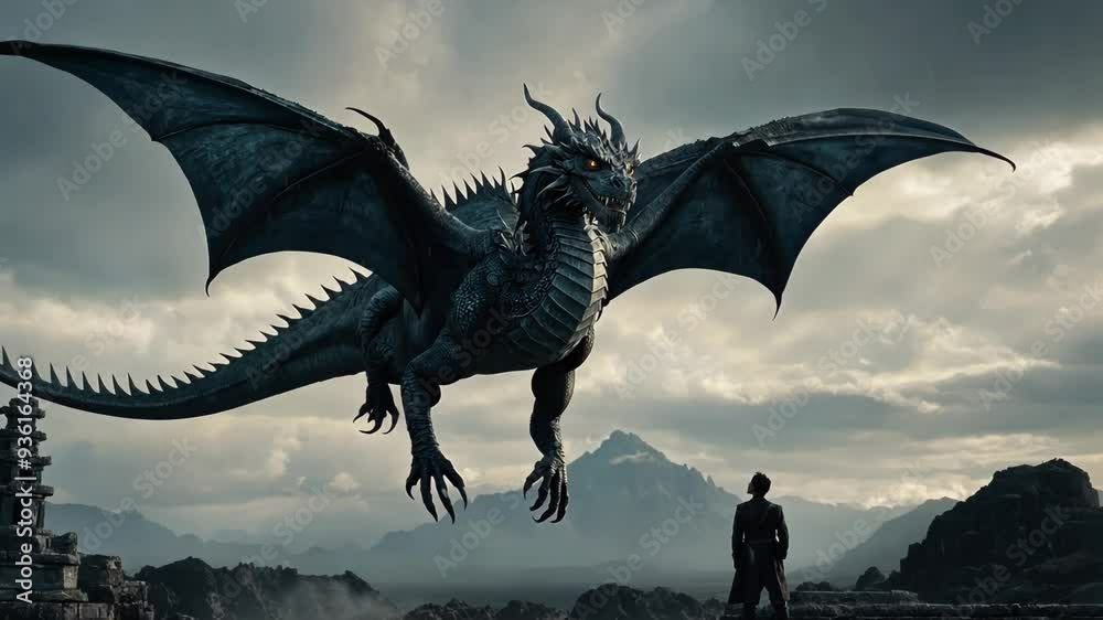 Video footage of  large, menacing dragon with expansive wings and sharp spikes, hovering above the ground