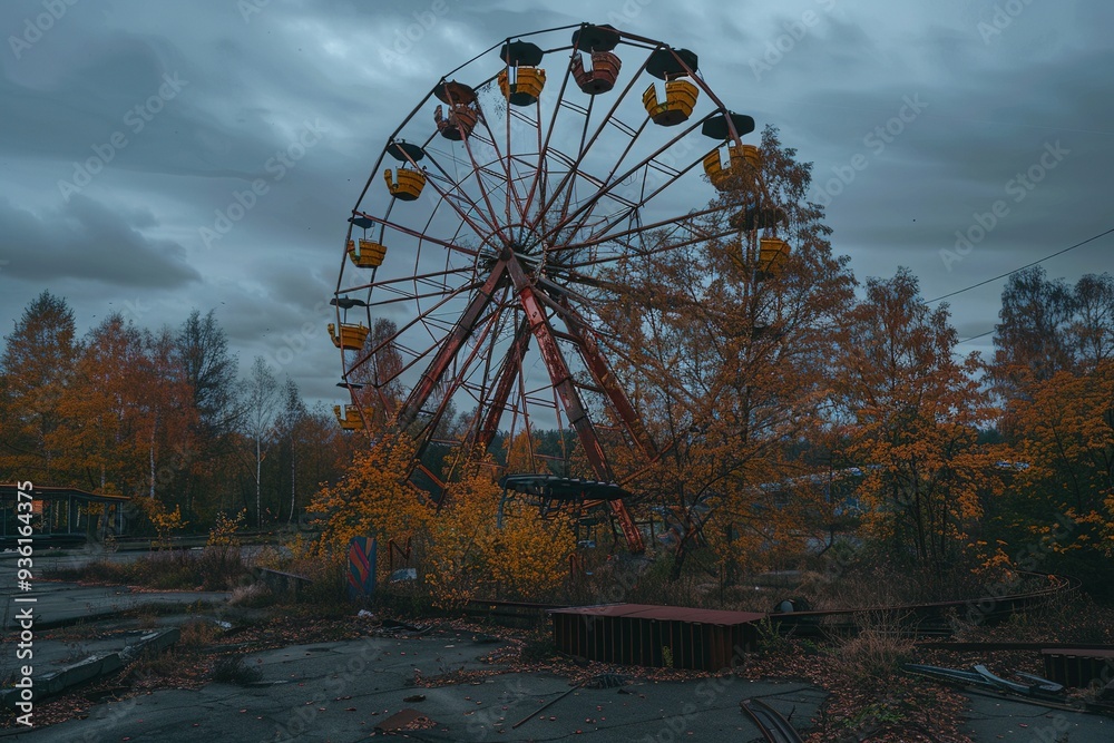 A rusty ferris wheel stands abandoned in a deserted amusement park, its yellow gondolas empty and overgrown with foliage. The sky is overcast and the scene is eerily silent. A rusty ferris wheel stands abandoned in a deserted amusement park, its yellow gondolas empty and overgrown with foliage. The sky is overcast and the scene is eerily silent.