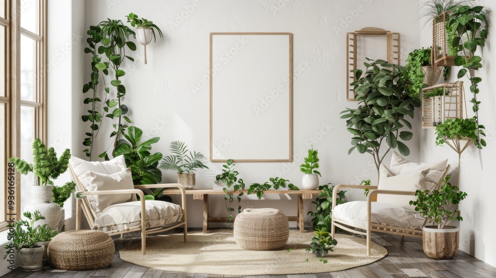 Fototapeta premium farmhouse interior living room, empty wall mockup in white room with wooden furniture and lots of green plants, 3d render