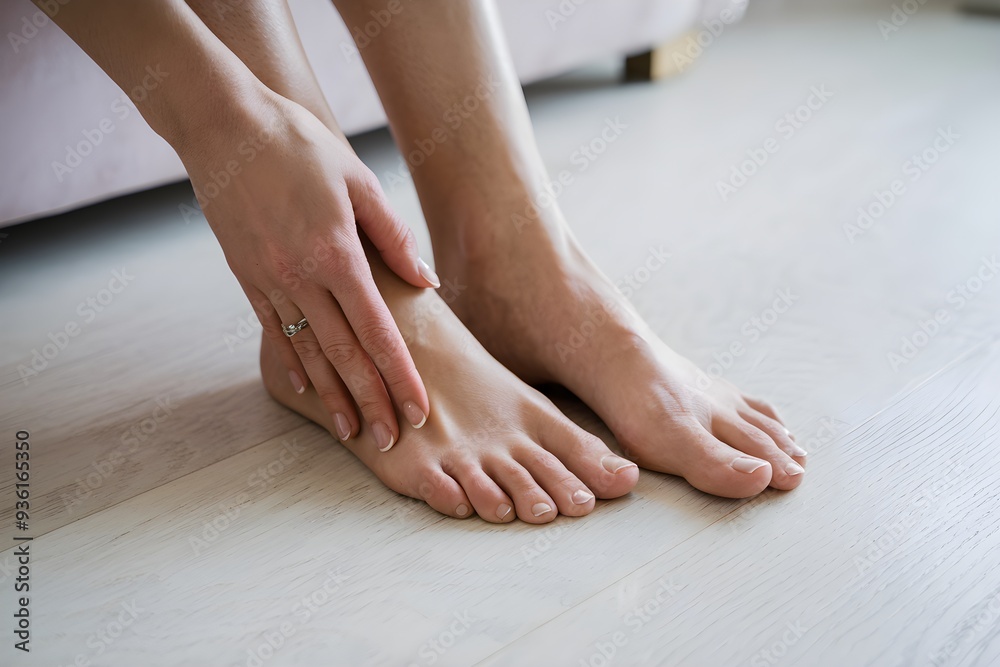 Bare feet on wooden floor, hand touching foot in relaxation Bare feet on wooden floor, hand touching foot in relaxation