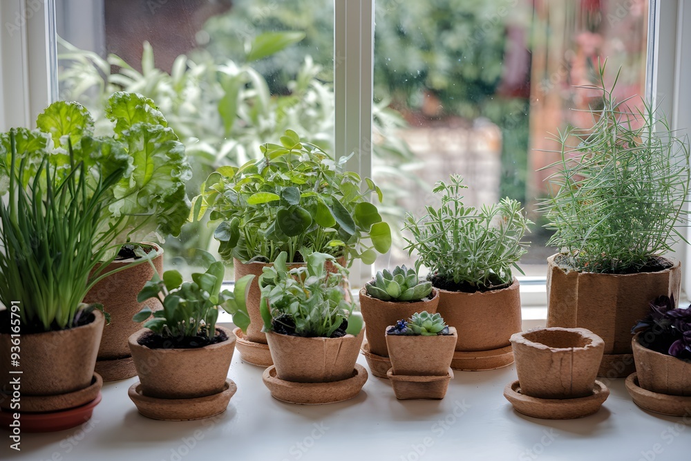 Potted plants on windowsill with garden greenery outside Potted plants on windowsill with garden greenery outside