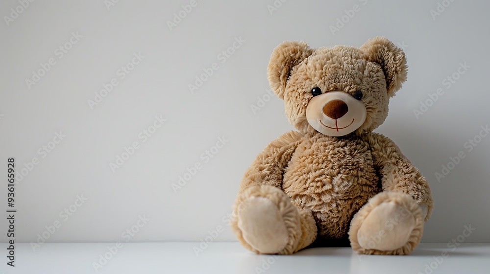 Cute brown teddy bear doll sitting with white wall background Cute brown teddy bear doll sitting with white wall background