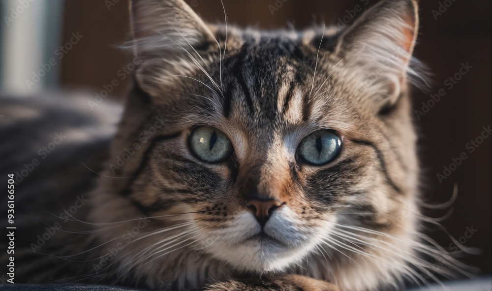 A tabby cat with blue eyes stares intensely at the camera, its whiskers twitching slightly A tabby cat with blue eyes stares intensely at the camera, its whiskers twitching slightly