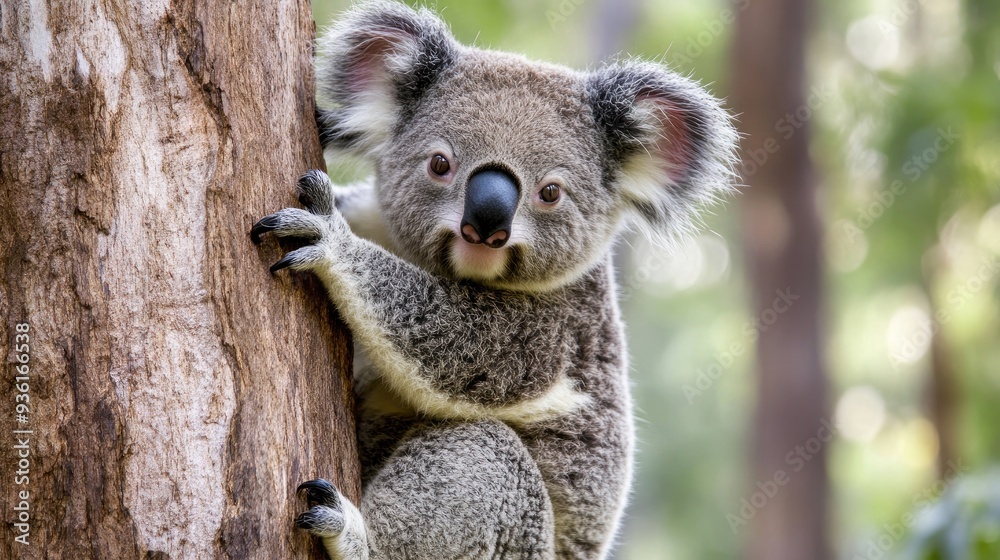Naklejka premium A close-up shot of a koala clinging to a tree trunk in its natural forest habitat, capturing its expressive eyes and soft fur..